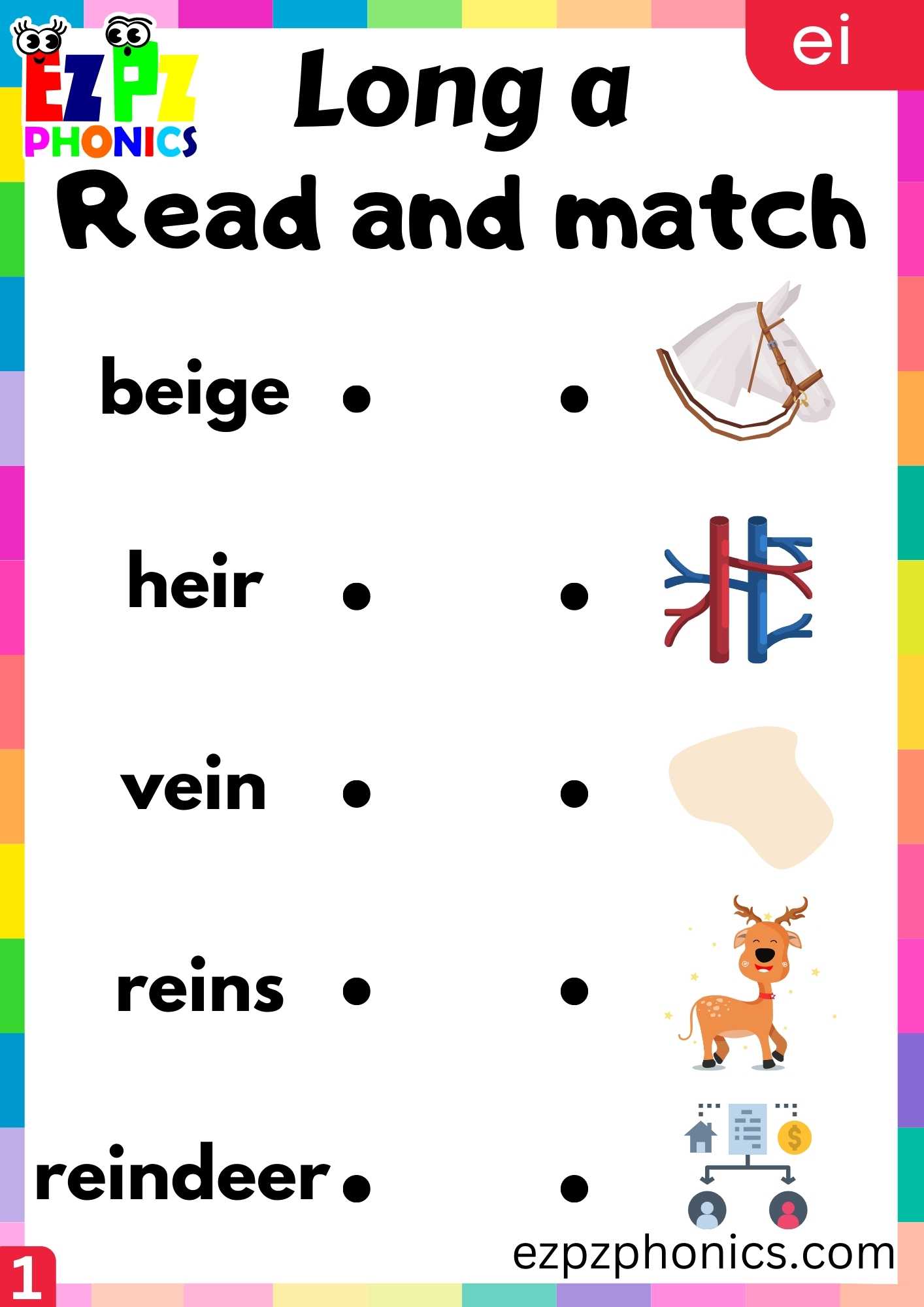 EI Words Read And Match Long A Phonics Worksheet